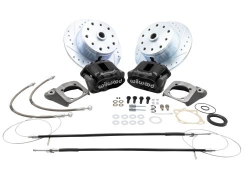 Rear Disc Brake Kit - Swing Axle 5-Lug, Double Drilled 5x130mm and 5x4.75" Directional Drilled and Slotted Rotors with High Performance Wilwood Black Caliper with Emergency Brake - FREE SHIPPING
